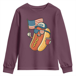 Cool Patriotic Hot Dog Youth Sweatshirt Funny 4th of July Cookout 4th of July American Flag TS02 Maroon Print Your Wear