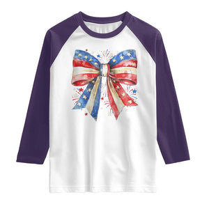 Coquette 4th Of July Raglan Shirt USA Bow American Flag Red White and Blue TS10 White Purple Print Your Wear