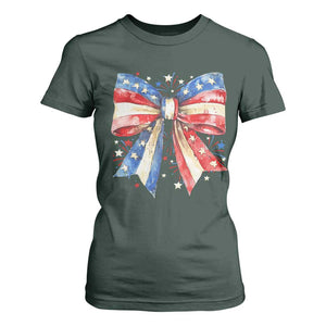 Coquette 4th Of July T Shirt For Women USA Bow American Flag Red White and Blue TS10 Dark Forest Green Print Your Wear