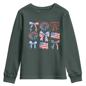 Coquette 4th Of July Youth Sweatshirt Patriotic Bow American Flag TS10 Dark Forest Green Print Your Wear