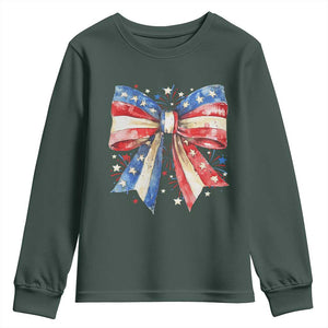 Coquette 4th Of July Youth Sweatshirt USA Bow American Flag Red White and Blue TS10 Dark Forest Green Print Your Wear