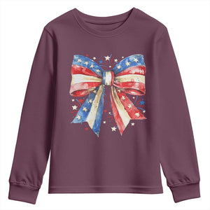 Coquette 4th Of July Youth Sweatshirt USA Bow American Flag Red White and Blue TS10 Maroon Print Your Wear