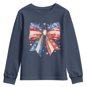 Coquette 4th Of July Youth Sweatshirt USA Bow American Flag Red White and Blue TS10 Navy Print Your Wear