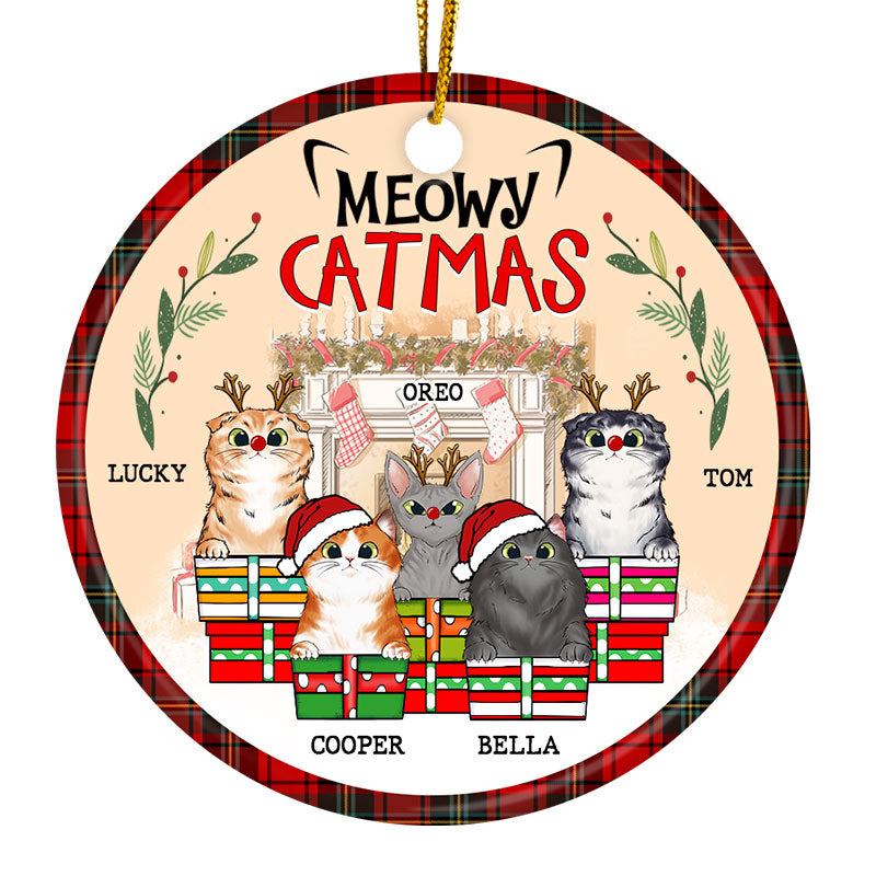 Personalized Jeep Christmas Ornaments Meowy Catmas Gift For Cat Lovers Circle Ceramic CTM Ornament Custom - Printyourwear