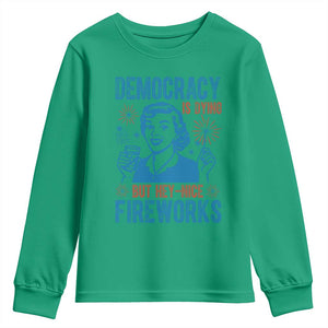 Democracy Is Dying But Hey Nice Fireworks Youth Sweatshirt Funny Retro 4th of July Political Humor TS02 Irish Green Print Your Wear