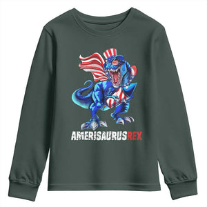 Dinosaur 4th of July Youth Sweatshirt Funny Boys Kids Patriotic TS10 Dark Forest Green Print Your Wear
