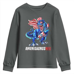 Dinosaur 4th of July Youth Sweatshirt Funny Boys Kids Patriotic TS10 Dark Heather Print Your Wear