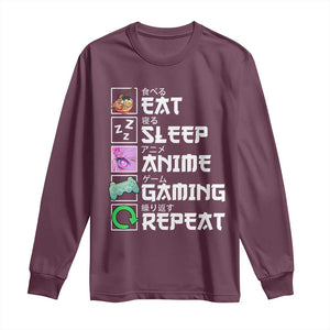 Eat Sleep Anime Gaming Repeat Long Sleeve Shirt Kawaii Otaku Anime Manga TS11 Maroon Print Your Wear