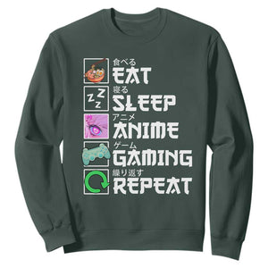 Eat Sleep Anime Gaming Repeat Sweatshirt Kawaii Otaku Anime Manga TS11 Dark Forest Green Print Your Wear