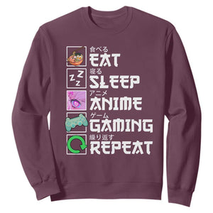 Eat Sleep Anime Gaming Repeat Sweatshirt Kawaii Otaku Anime Manga TS11 Maroon Print Your Wear