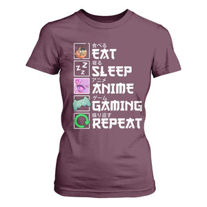 Eat Sleep Anime Gaming Repeat T Shirt For Women Kawaii Otaku Anime Manga TS11 Maroon Print Your Wear