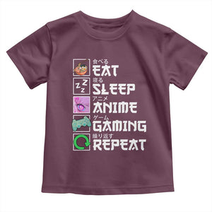 Eat Sleep Anime Gaming Repeat Toddler T Shirt Kawaii Otaku Anime Manga TS11 Maroon Print Your Wear