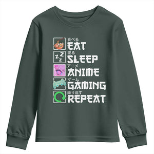 Eat Sleep Anime Gaming Repeat Youth Sweatshirt Kawaii Otaku Anime Manga TS11 Dark Forest Green Print Your Wear