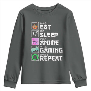 Eat Sleep Anime Gaming Repeat Youth Sweatshirt Kawaii Otaku Anime Manga TS11 Dark Heather Print Your Wear
