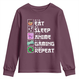 Eat Sleep Anime Gaming Repeat Youth Sweatshirt Kawaii Otaku Anime Manga TS11 Maroon Print Your Wear