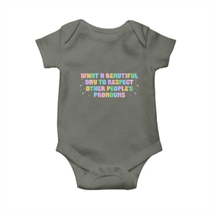 Equality Pride Baby Onesie Respect Other People's Pronouns LGBT LGBTQ Pride Ally TS10 Military Green Print Your Wear