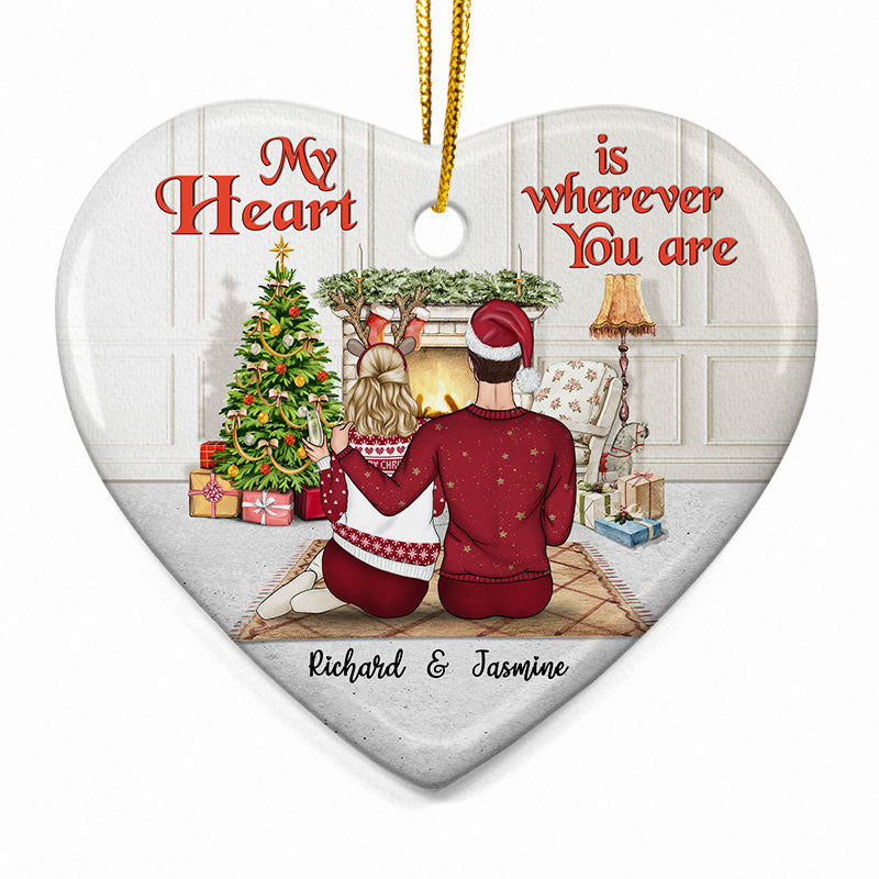 Personalized Jeep Christmas Ornaments Couple My Heart Is Wherever You Are Heart Ceramic CTM Ornament Custom - Printyourwear