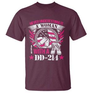 Female Veteran T Shirt Never Underestimate A Woman With DD214 US Military TS02 Maroon Print Your Wear