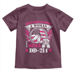 Female Veteran Toddler T Shirt Never Underestimate A Woman With DD214 US Military TS02 Maroon Print Your Wear