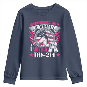 Female Veteran Youth Sweatshirt Never Underestimate A Woman With DD214 US Military TS02 Navy Print Your Wear