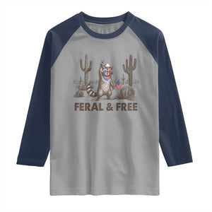 Feral & Free Raccoon Raglan Shirt Funny 4th of July Cowboy Meme Retro Independence Day TS10 Sport Gray Navy Print Your Wear