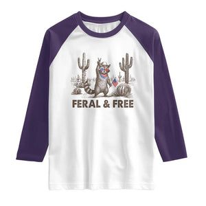 Feral & Free Raccoon Raglan Shirt Funny 4th of July Cowboy Meme Retro Independence Day TS10 White Purple Print Your Wear