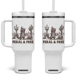 Feral & Free Raccoon Tumbler With Handle Funny 4th of July Cowboy Meme Retro Independence Day TS10 One Size: 40 oz White Print Your Wear
