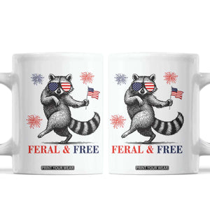Feral and Free Dancing Raccoon Coffee Mug Funny 4th July Patriotic Animal US Flag and Fireworks TS02 White Print Your Wear