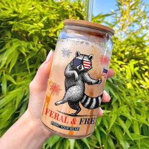 Feral and Free Dancing Raccoon Glass Can Funny 4th July Patriotic Animal US Flag and Fireworks TS02 Print Your Wear