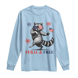 Feral and Free Dancing Raccoon Long Sleeve Shirt Funny 4th July Patriotic Animal US Flag and Fireworks TS02 Light Blue Print Your Wear