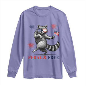 Feral and Free Dancing Raccoon Long Sleeve Shirt Funny 4th July Patriotic Animal US Flag and Fireworks TS02 Violet Print Your Wear