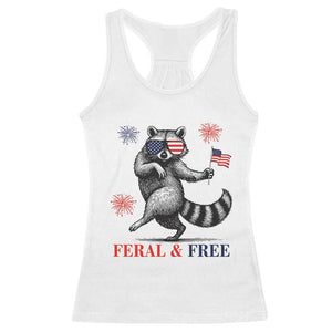 Feral and Free Dancing Raccoon Racerback Tank Top Funny 4th July Patriotic Animal US Flag and Fireworks TS02 White Print Your Wear