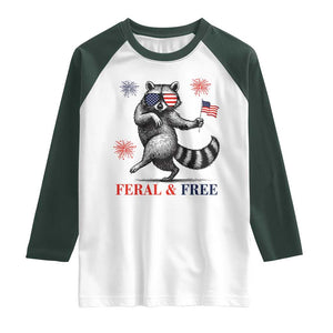 Feral and Free Dancing Raccoon Raglan Shirt Funny 4th July Patriotic Animal US Flag and Fireworks TS02 White Dark Forest Green Print Your Wear