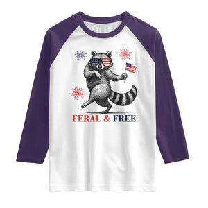 Feral and Free Dancing Raccoon Raglan Shirt Funny 4th July Patriotic Animal US Flag and Fireworks TS02 White Purple Print Your Wear