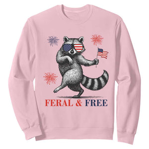 Feral and Free Dancing Raccoon Sweatshirt Funny 4th July Patriotic Animal US Flag and Fireworks TS02 Light Pink Print Your Wear