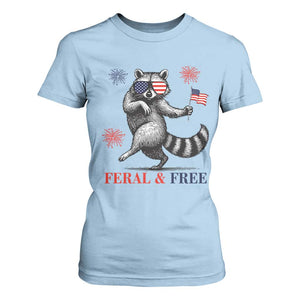 Feral and Free Dancing Raccoon T Shirt For Women Funny 4th July Patriotic Animal US Flag and Fireworks TS02 Light Blue Print Your Wear