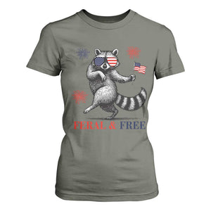 Feral and Free Dancing Raccoon T Shirt For Women Funny 4th July Patriotic Animal US Flag and Fireworks TS02 Military Green Print Your Wear