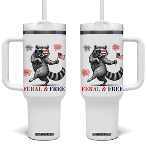 Feral and Free Dancing Raccoon Tumbler With Handle Funny 4th July Patriotic Animal US Flag and Fireworks TS02 One Size: 40 oz White Print Your Wear
