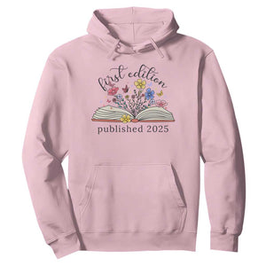 First Edition Published 2025 Hoodie Littlest Bookworm Funny Annoucement Baby Shower TS10 Light Pink Print Your Wear