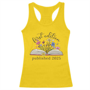 First Edition Published 2025 Racerback Tank Top Littlest Bookworm Funny Annoucement Baby Shower TS10 Daisy Print Your Wear