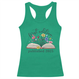 First Edition Published 2025 Racerback Tank Top Littlest Bookworm Funny Annoucement Baby Shower TS10 Irish Green Print Your Wear