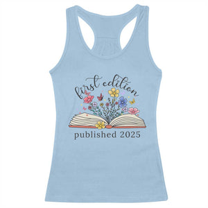 First Edition Published 2025 Racerback Tank Top Littlest Bookworm Funny Annoucement Baby Shower TS10 Light Blue Print Your Wear