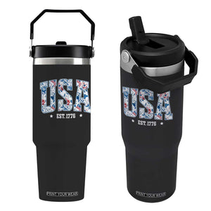 Floral USA Flip Straw Tumbler Est 1776 Patriotic American Girl 4th of July TS10 One Size: 30 oz Black Print Your Wear