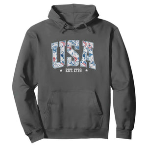 Floral USA Hoodie Est 1776 Patriotic American Girl 4th of July TS10 Dark Heather Print Your Wear