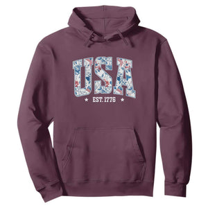 Floral USA Hoodie Est 1776 Patriotic American Girl 4th of July TS10 Maroon Print Your Wear