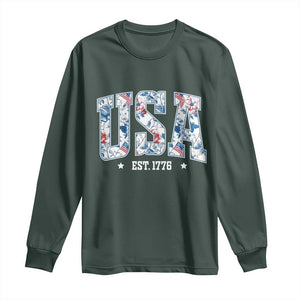 Floral USA Long Sleeve Shirt Est 1776 Patriotic American Girl 4th of July TS10 Dark Forest Green Print Your Wear