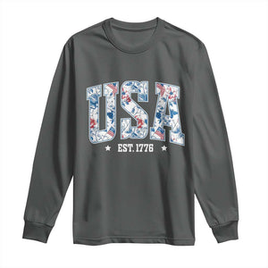 Floral USA Long Sleeve Shirt Est 1776 Patriotic American Girl 4th of July TS10 Dark Heather Print Your Wear