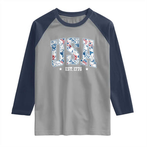 Floral USA Raglan Shirt Est 1776 Patriotic American Girl 4th of July TS10 Sport Gray Navy Print Your Wear