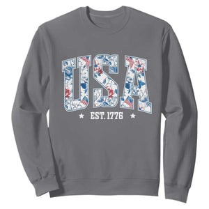Floral USA Sweatshirt Est 1776 Patriotic American Girl 4th of July TS10 Charcoal Print Your Wear
