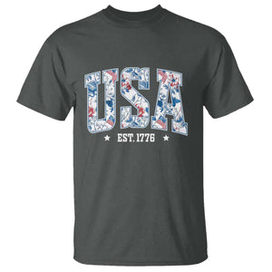 Floral USA T Shirt Est 1776 Patriotic American Girl 4th of July TS10 Dark Heather Print Your Wear